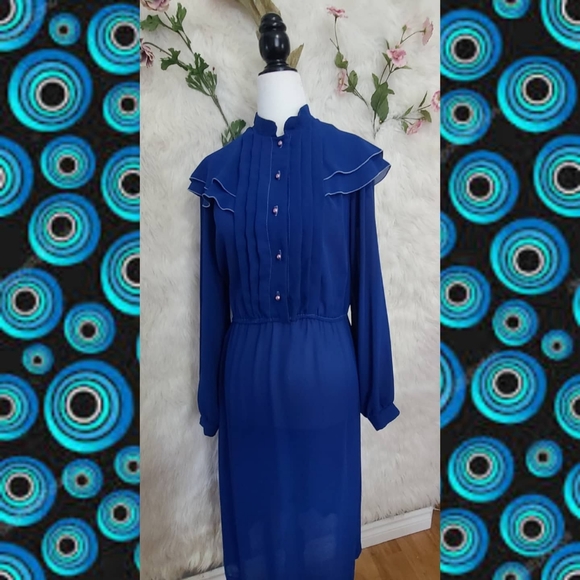 Vintage - Blue dress with prairie style mockneck - Picture 5 of 6